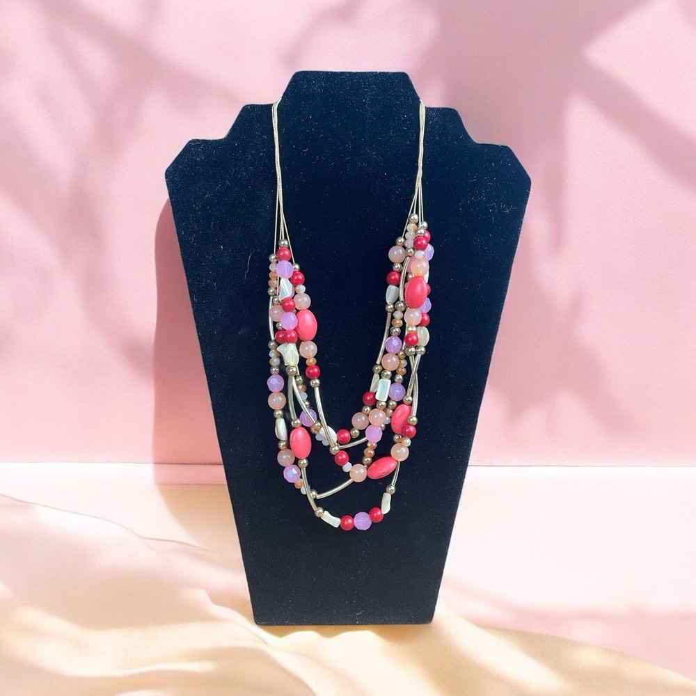 Gold Tone Multi Layer Pink Beaded Necklace 18-20"